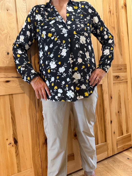 Ann Taylor Tops - Ann Taylor Black Floral Top with Mustard & White Blooms